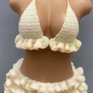 Crochet Halter Top and Ruffle Skirt Set, Ivory Handmade